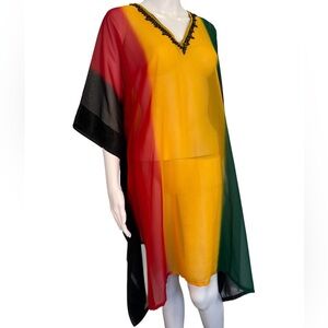 Sheer Beaded Kaftan Cover Up Beach Dress Sheer Vibrant Relaxed Vacation OSFM